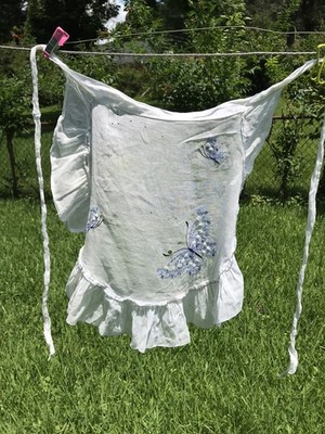 Vintage Half Apron, White, Blue Butterfly Details