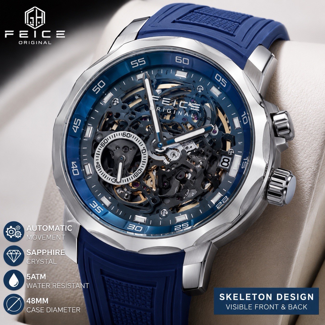 FEICE Original Automatic Skeleton Watch 48mm Steel, Blue Rubber Strap 5ATM