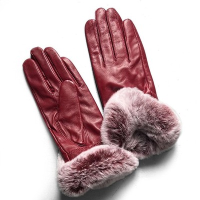 Women's Fox Fur Lined Sheepskin Leather Winter Warm Fashion Gloves Accessory