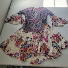 Umgee Kimono Duster Womens Small Multicolor Floral Bell Sleeve Asym Ruffle Hem