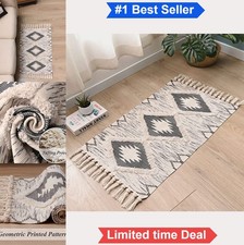Boho Bathroom Rug 2x3 Ft Cotton Tufted Runner with Tassels Grey Washable