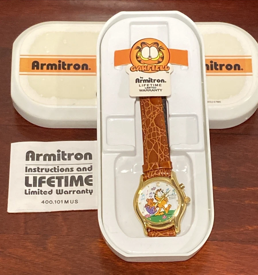 Reloj musical de cuarzo de cuero genuino Armitron Garfield PAWS 900/112 necesita batería Foto 3 de 4
