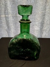 Vintage MCM Italian Empoli Ripple Bark Green Glass Decanter 10&rdquo; EUC