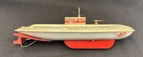 Vintage Wolverine Tin Wind-Up Diving S-87 Submarine * Gray & Red * Working