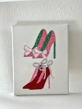 Handmade Pink Red Rhinestone High Heel Art Canvas Girly Wall Decor 8x10 Inch