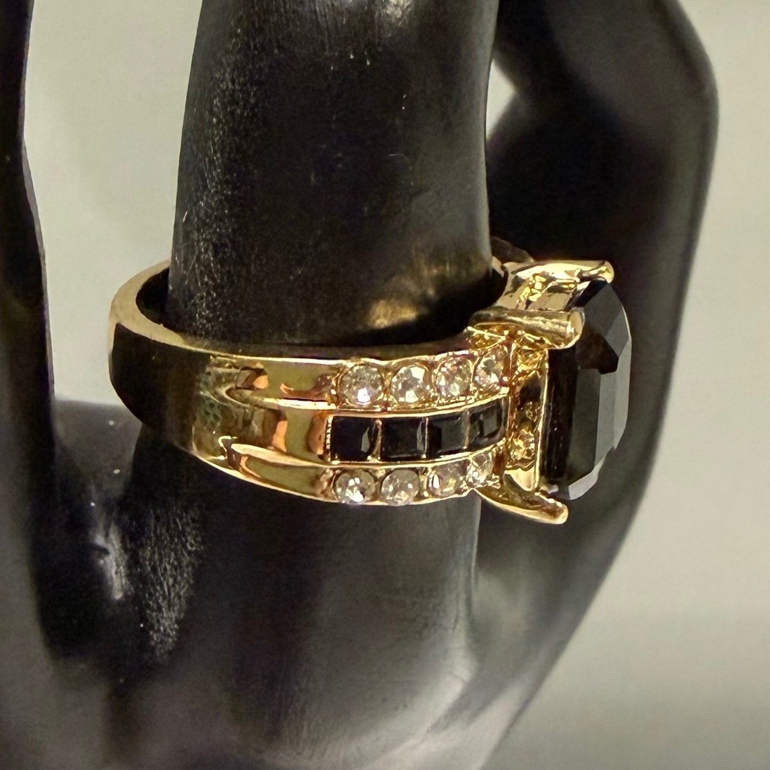 Gold Tone Statement Ring Large Black Emerald Cut … - image 2