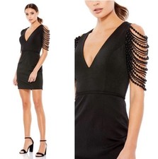 Mac Duggal Black Size 10 cocktail Dress Draped Beaded Sleeve V-Neck 26526 NWT