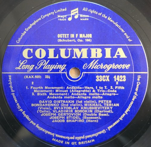 33CX 1423 Schubert Octet David Oistrakh Bondarenko Terian etc Columbia 1st B/G - Picture 2 of 5