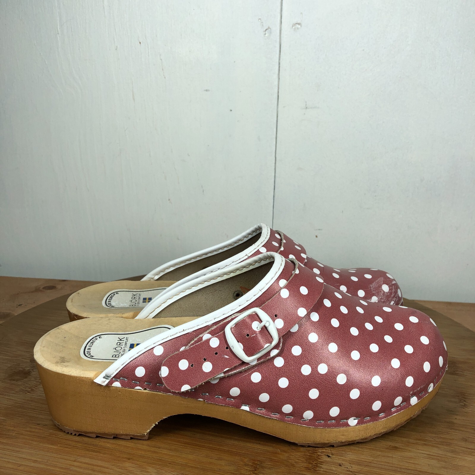 Bjork Clogs Women's 41 Wooden Mules Red White Polkadot Classic Design-image