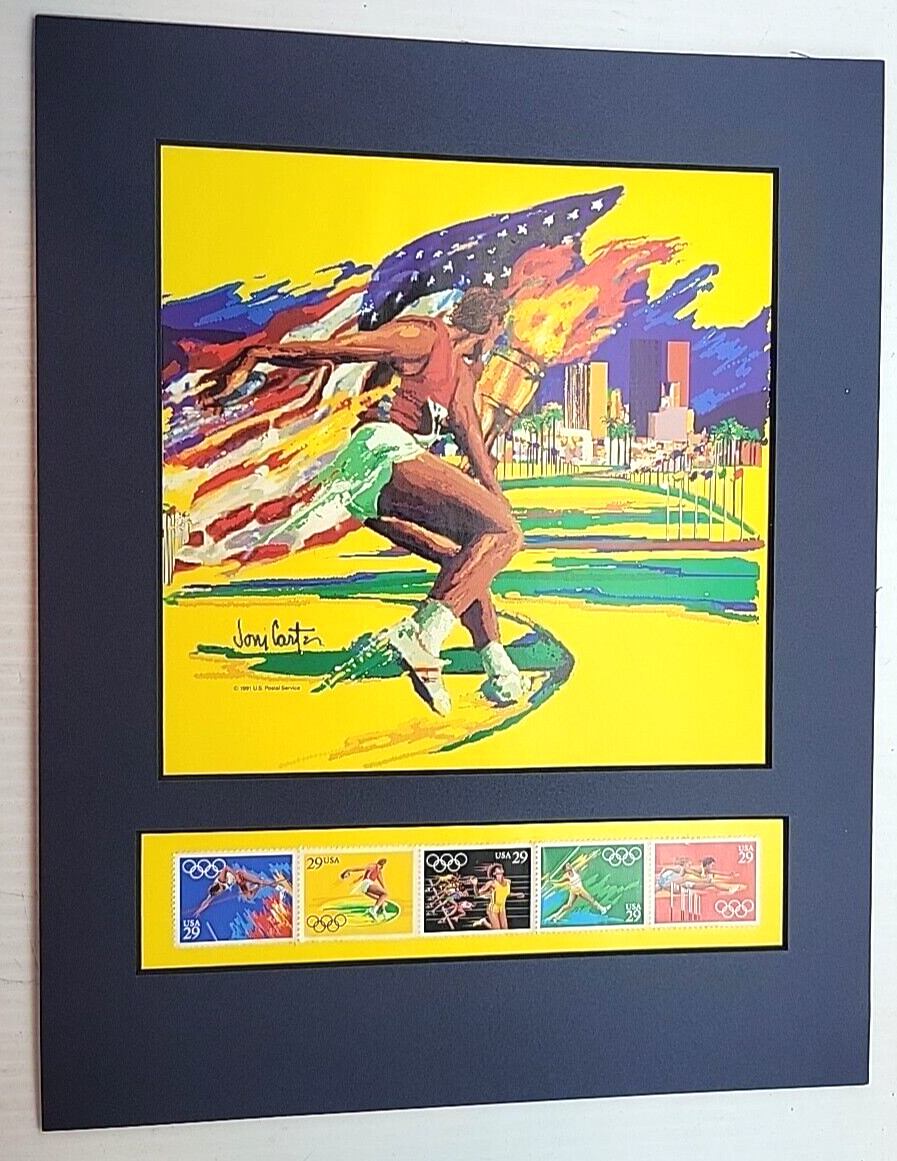 Super nice 1991 USA Olympics /  Matted Joni Carter Print & 5 Stamps