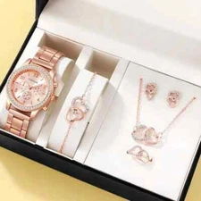 ✅6PCS Set Rose Gold Luxury Watch Women Ring Necklace Earring Rhinestone Fashion✅