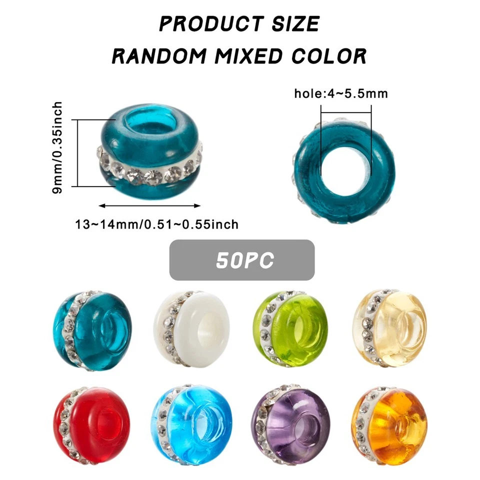 50 piezas Cuentas rondelle europeas de gran agujero murano con pedrería 13~14x9 mm Foto 4 de 4