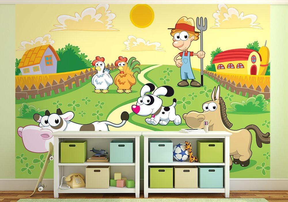 Kids bedroom Mural Wallpaper nursery decor farm animals green cartoon Wall Mural