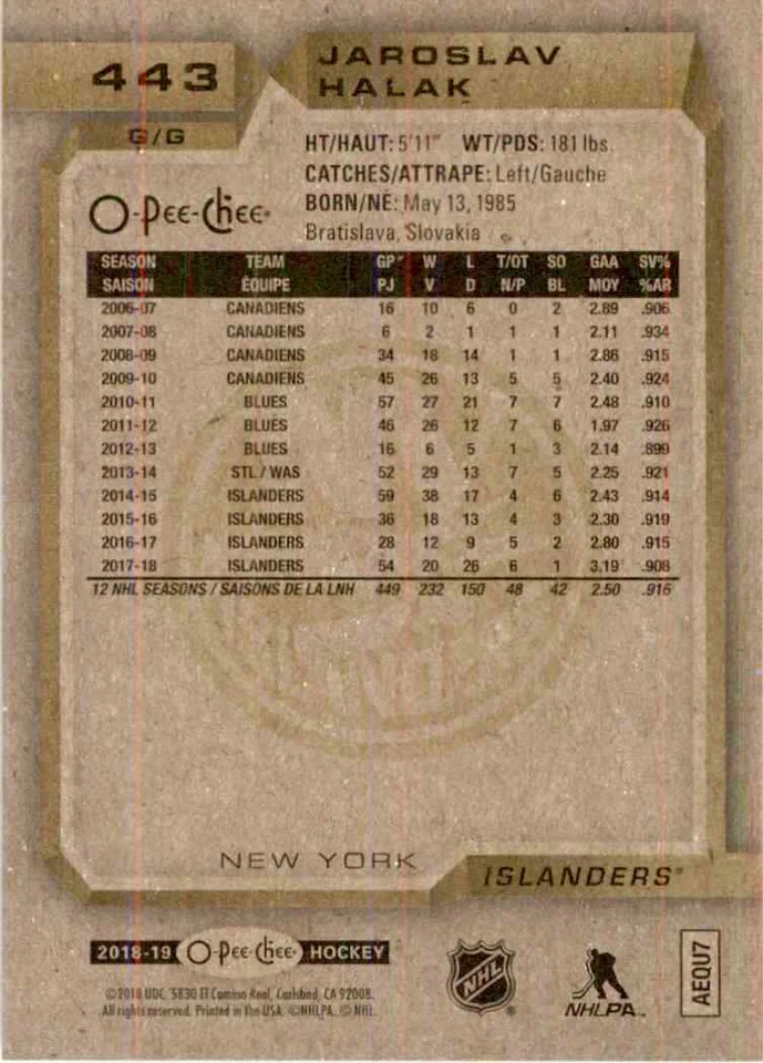 2018-19 O-Pee-Chee Jaroslav Halak #443 - Image 2 of 2