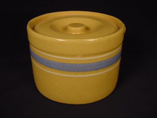 RARE EARLY AMERICAN McCOY BUTTER CROCK with LID BLUE and WHITE BANDS YELLOW WARE
