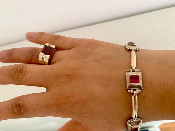 Pulsera, Anillo Y Pendientes De Oro, Rubi Y Plata Original Hecha Por Artesanos