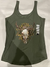 XL (15-17) Junior Womens Super Soft Fitted Scoop Neck Skull Tank Army Green