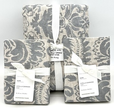 Pottery Barn~ Stella Damask  Duvet Cover King + 2 Euro Shams-Steel Blue~ NEW