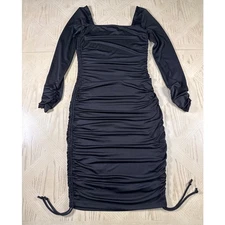 Fashion Nova Black Ruched Bodycon Long Sleeve Square Neck Midi to Mini Dress S