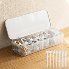 Cable Organizer Storage Box with Lid, 7 Wire Ties, White