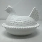 Vintage Indiana Glass HEN ON NEST Milk Glass Covered Candy Dish 7" White beaded