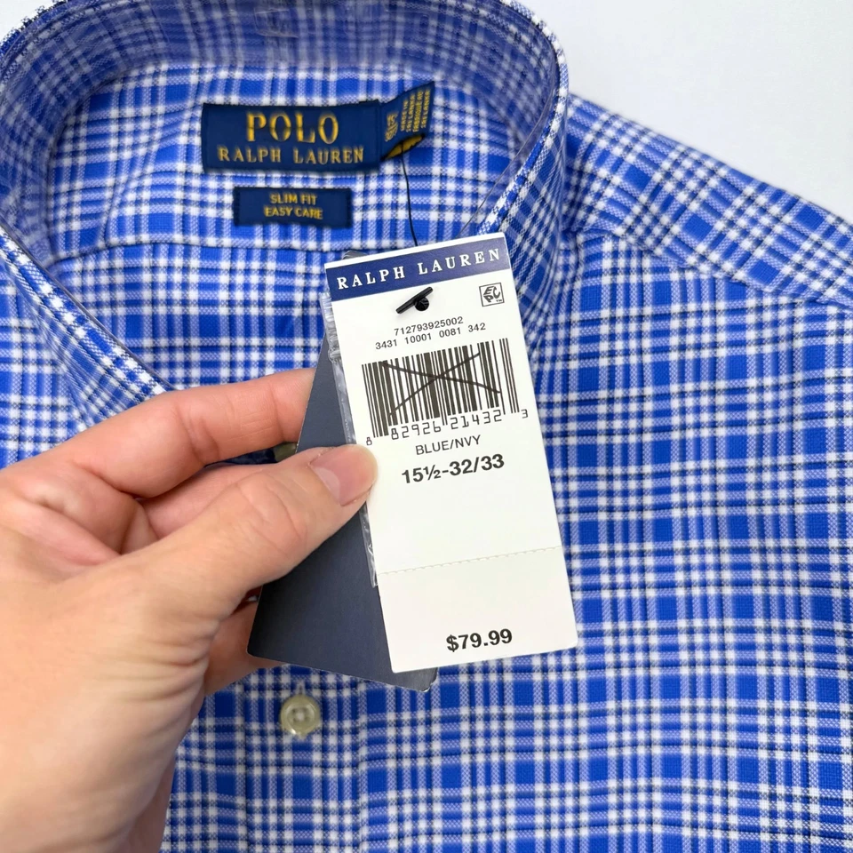 New POLO Ralph Lauren Dress Shirt Mens Size 15.5 32/33 Slim Fit Blue Check - Image 3 of 4