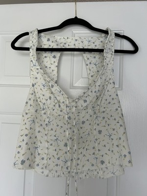 Self Esteem Womens Floral Cotton Tie Front Open Back Sleeveless Top White M NWT