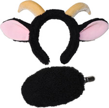 Goat Ears Headband with Ram Horns and Tail, Furry Goat Costume Accessory.