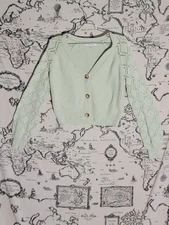 Hooked Up Women’s Sage Green Knit Cardigan Open Lace Sleeves Button Front S