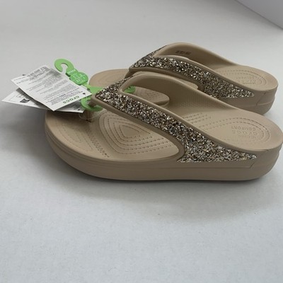 Crocs Women's Beige Gold Glitter Wedge Flip Flop Comfort Sandals Size 6
