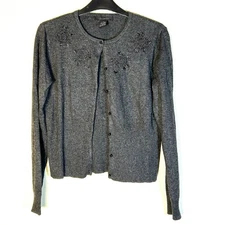 The Limited Sz M Silk Cashmere Angora Cardigan Gray Buttons Bead Office Siren