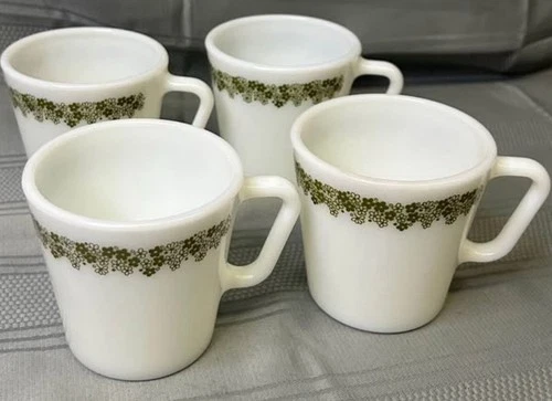 4 Vintage Pyrex Green Spring/Blossom/Crazy Daisy Coffee Cup Mugs D Handle