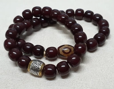BODHI-WURZEL Perlen *** Buddhistisches Mala Doppel-Armband Dzi Jade  17-22 cm - Bild 1 von 4