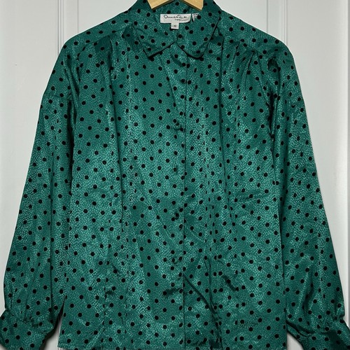 Oscar de la Renta, Oscar de la Renta Expressions Vintage 90s Green Polka Dot Button Up Blouse