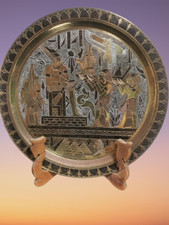 Vintage Etched Brass Egypt Collector Plate Middle Eastern Art Wall Hanging Rare