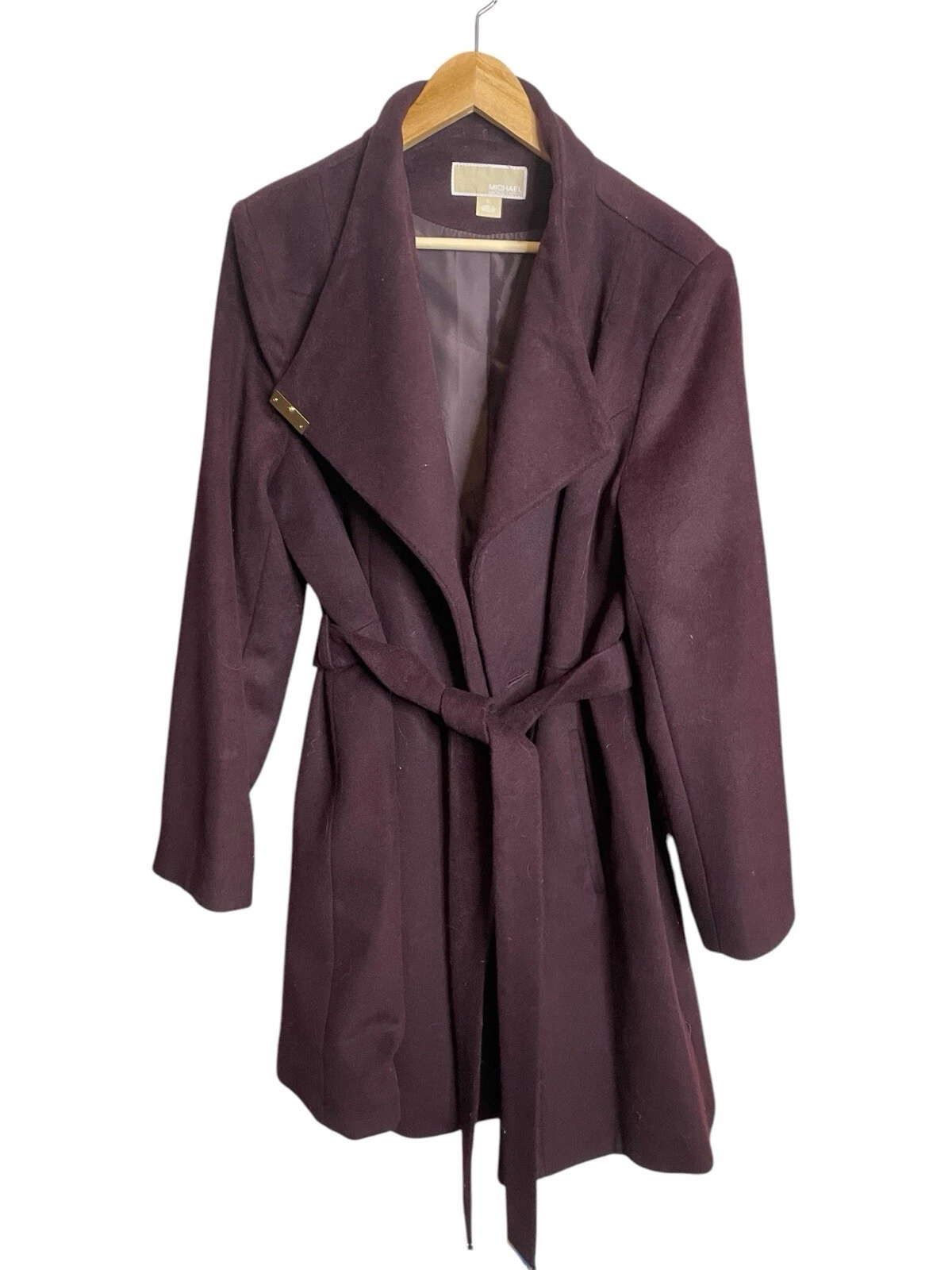 Cappotto Michael Kors lana bordeaux cintura fibbia oro foderato media lunghezza taglia XL nuovo senza etichette