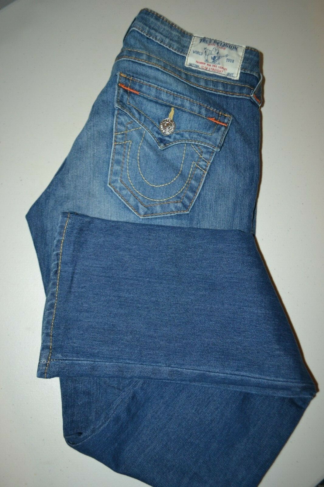 True Religion Women's Slim Straight Pocket Flaps Blue Denim Jeans Sz 28x33