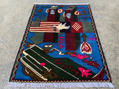 US Historical Handmade Afghan 9/11 War Pictorial Wool Area Rug 2.7x1 ...
