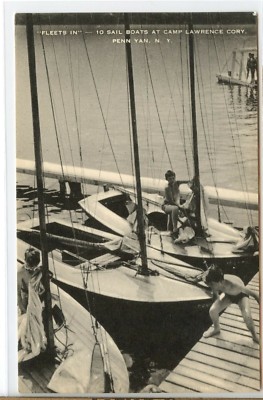 VINTAGE Postcard ~ PENN YAN, NY ~ ''FLEETS IN'' 10 SAILBOATS at CAMP LAWRENCE CORY