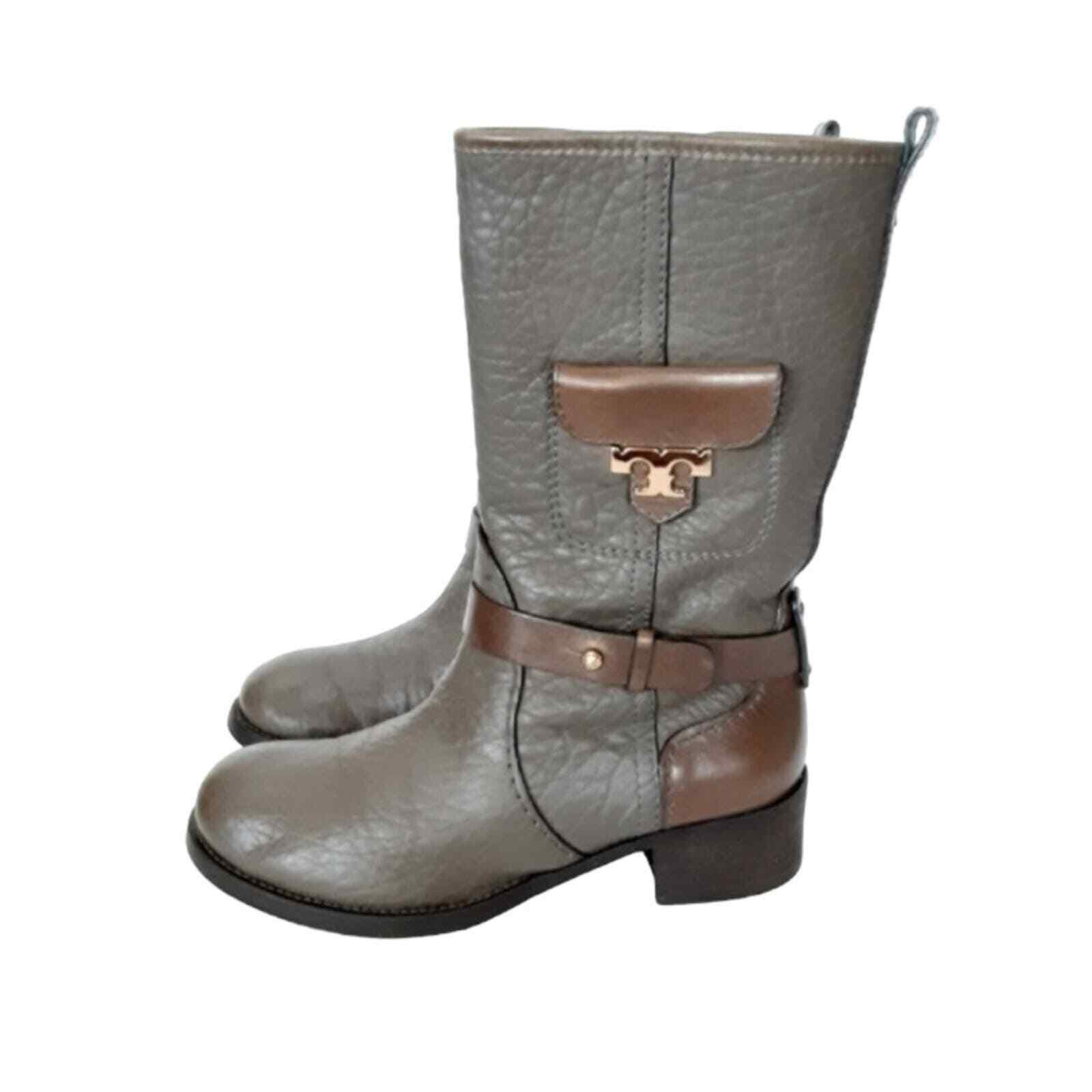Tory Burch Leona Riding Boots Gray Pebble Leather… - image 3