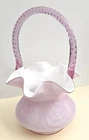 Signed Fenton - Dusty Rose Pink Overlay Cased 7.5" Basket Applied Handle = A