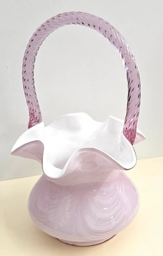 Signed Fenton - Dusty Rose Pink Overlay Cased 7.5" Basket Applied Handle = A