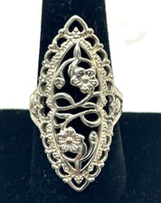 Sterling Silver Filigree Elongated Flower Ring Size 9.25
