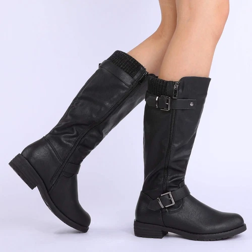 Women Low Heel Round Toe Knee High Side Zipper Combat Riding Boots - Picture 1 of 13