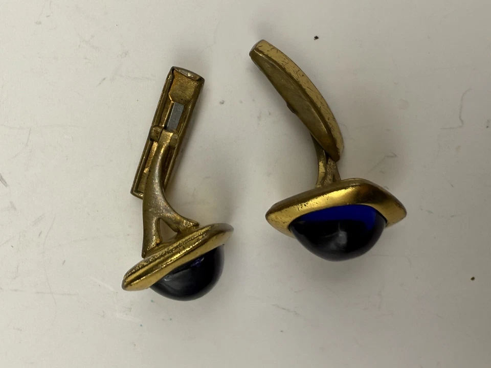 Gemelos vintage art deco sintético zafiro cristal azul tono dorado H7 Foto 4 de 4