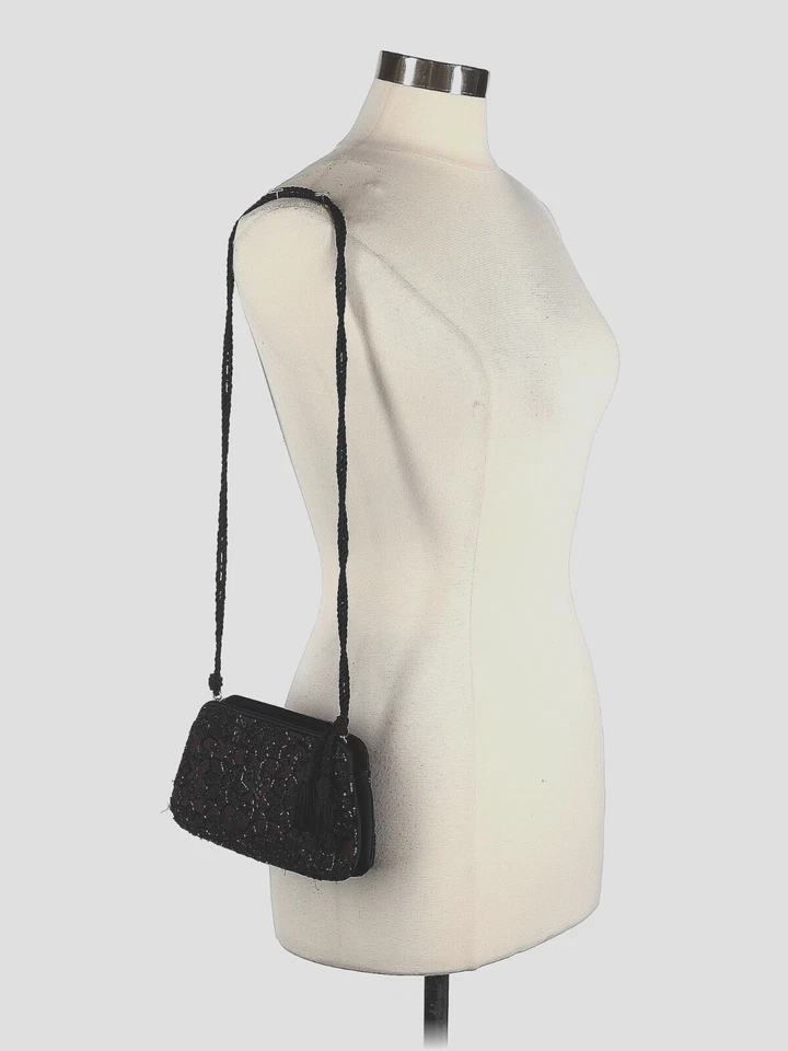 JUDITH LEIBER Purple Satin Black Floral Beaded Shoulder Strap Clutch Bag - Image 3 of 4