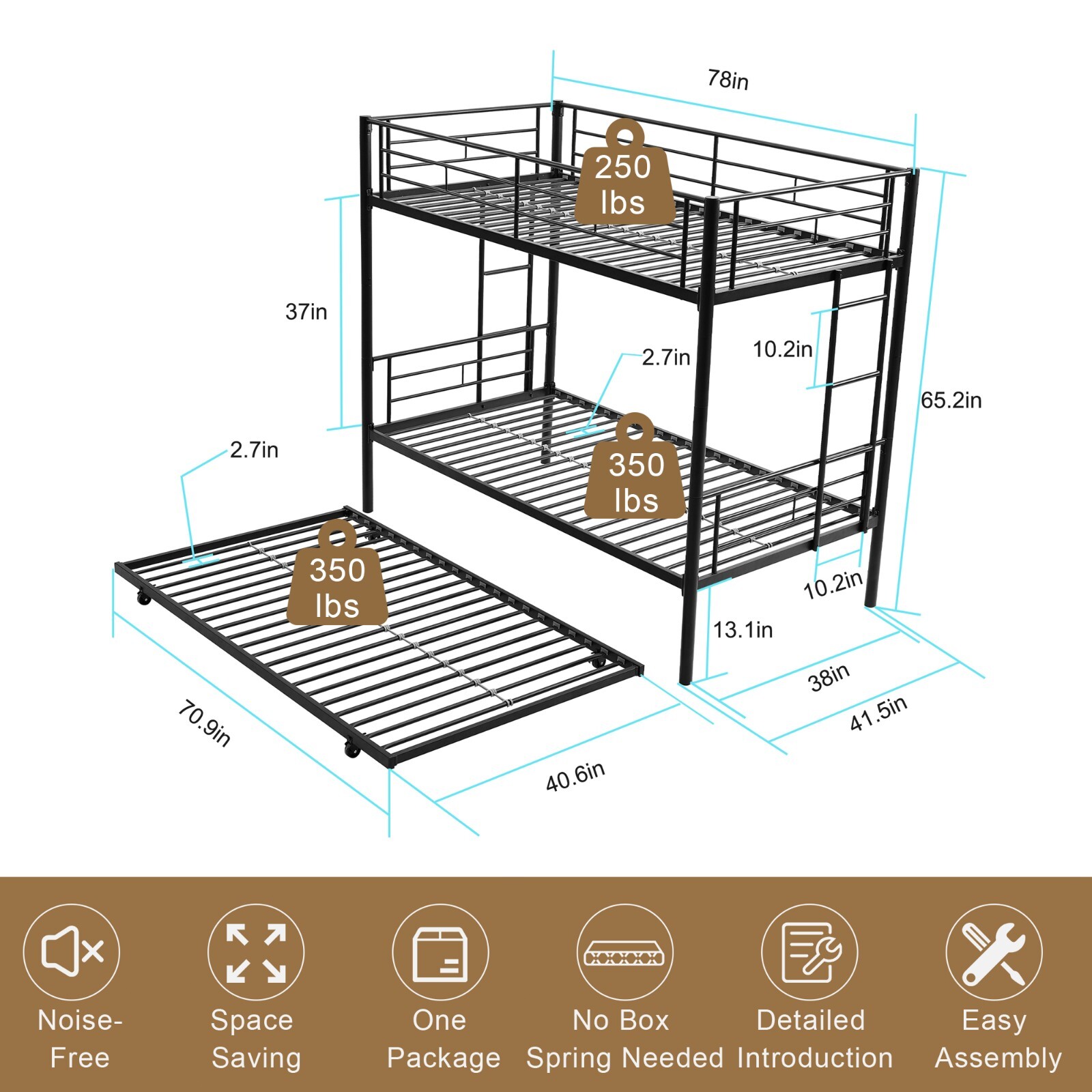 With Trundle Metal Bed, Ladder And Full-length Guardrail New