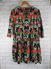 Asos womens fit & flare dress black pink green floral print uk16 short sleeve 