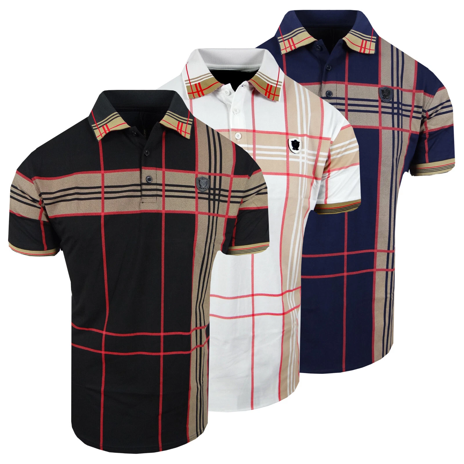 Mens Polo Shirt Plaid Stripe Print Designer Chest Badge Slim Fit Stretch Casual
