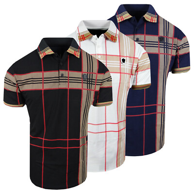 Mens Polo Shirt Plaid Stripe Print Designer Chest Badge Slim Fit Stretch Casual
